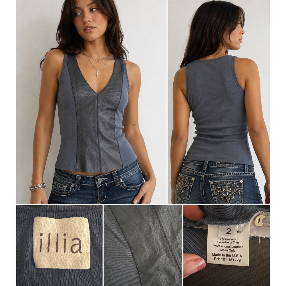 Illia Blue Leather Panel Tank Top Women's Size 2 Y2K Moto Stretch Fitted S/M